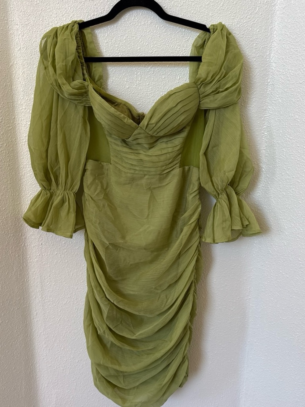 Olive Green Ruched Puff-Sleeve Midi Dress
